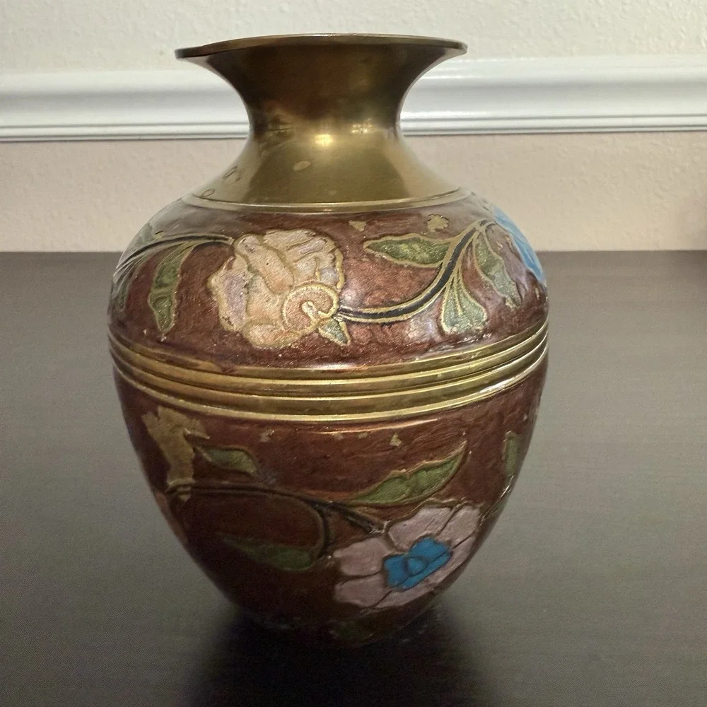 Vintage Brass Vase Floral‎ Design Enameled Hand Painted Flowers India Bud Vase